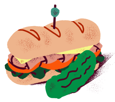 a drawing of a sandwich with lettuce and tomato.