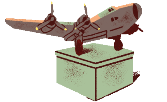 a small airplane is flying over a box.